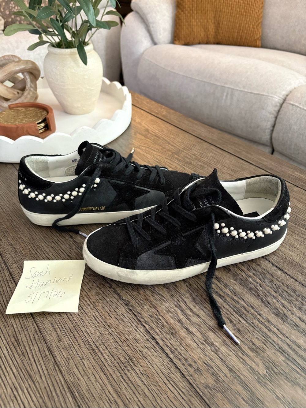 Golden Goose Black Sneakers with White Pearl Embellishments